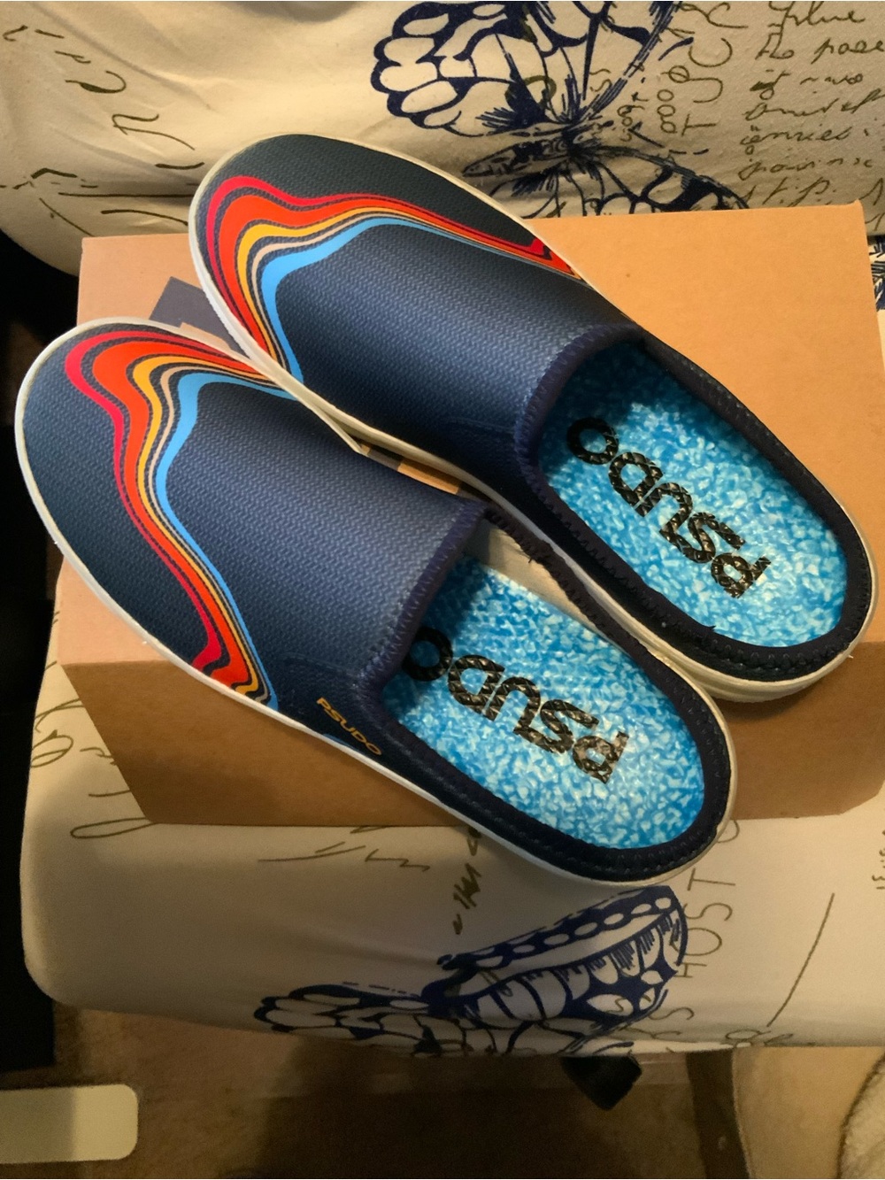 Navy Slip-On Mules with Multicolor Wave Accent -